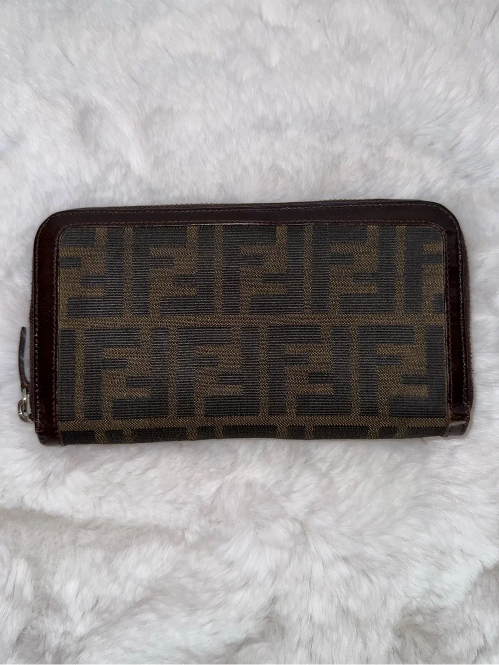 Fendi Monogram Canvas and Leather Zip Wallet in Dark Brown with Silver Hardware
